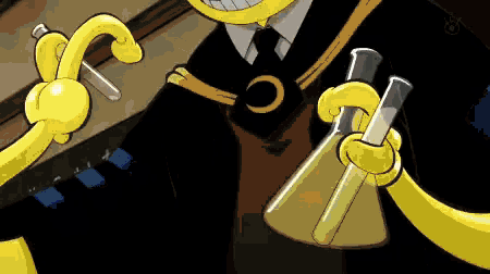 a cartoon character is holding two beakers and a test tube