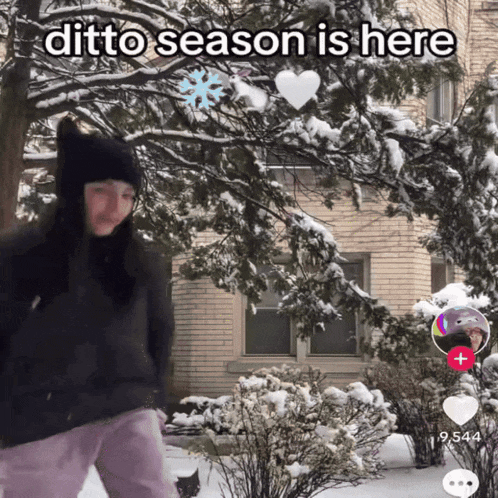 a girl standing in the snow with the words ditto season is here written above her