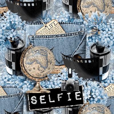 a seamless pattern with a globe a camera and a sign that says selfie