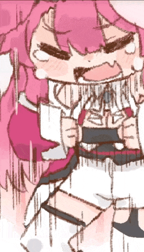 a drawing of a girl with pink hair is holding a box