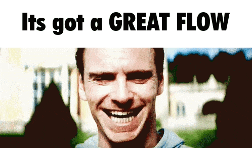 a man is smiling with the words it 's got a great flow behind him