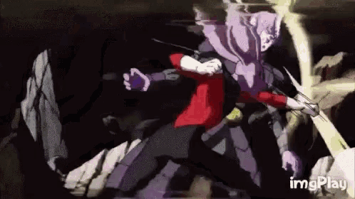 a man in a red shirt is fighting a purple monster in a dark cave .