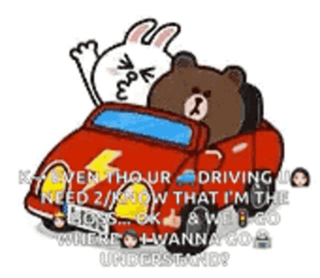 a brown bear and a white rabbit are sitting in a car .
