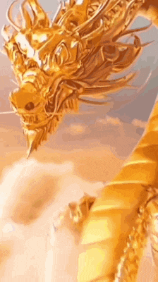a close up of a golden dragon flying in the sky .