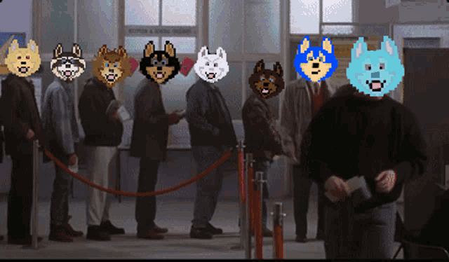 a group of people standing in a line with pixelated faces of animals on them