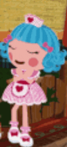a cartoon girl with blue hair and a pink dress is wearing a nurse 's hat .