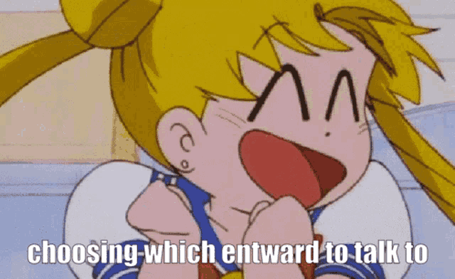 a cartoon girl with her mouth open and the words choosing which entward to talk to below her