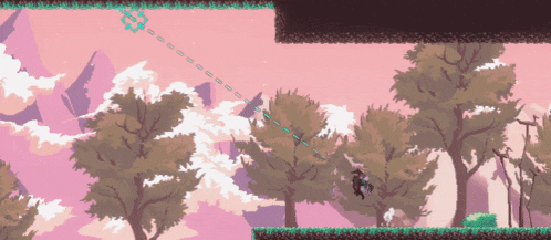 a video game scene with trees and clouds and a blue arrow pointing to the right