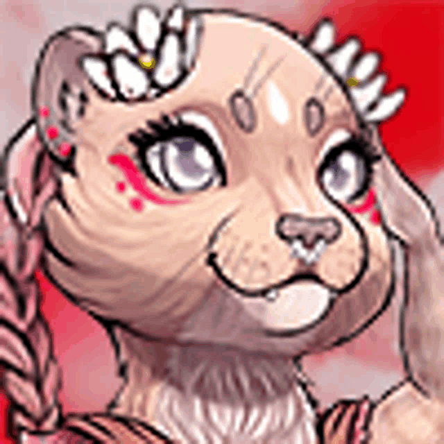 a cartoon drawing of a cat with a braided tail and a flower on its head .