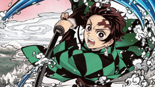 a cartoon of a boy holding a sword in front of waves