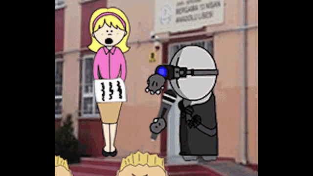 a cartoon of a woman and a robot standing in front of a school
