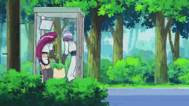 a couple of cartoon characters standing next to each other in a phone booth in the woods .
