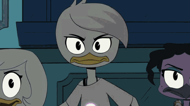 three cartoon characters are standing next to each other and one of them is a duck