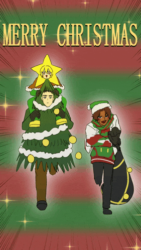 a merry christmas greeting card with two people carrying a christmas tree