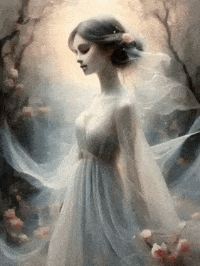 a painting of a woman in a white dress standing in a forest .