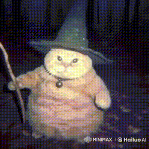 a stuffed cat wearing a wizard hat and holding a cane