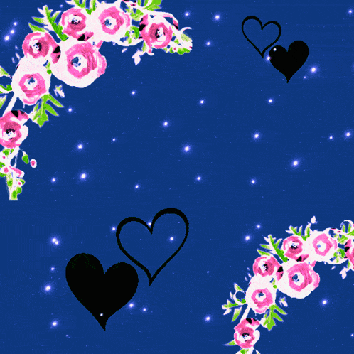 a blue background with pink flowers and black hearts and the words " ربي ارزقني الرزق الحلال "