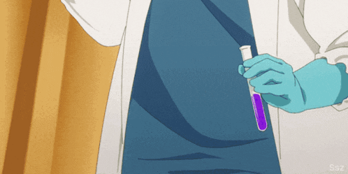 a person wearing blue gloves is holding a test tube with purple liquid in it