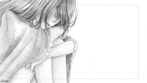a black and white drawing of a girl sitting on the floor with her head down .