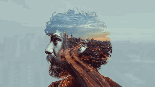 double exposure of a man 's face and a city street