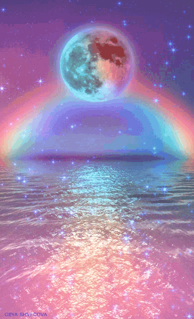 a rainbow and a full moon over a body of water with the name geya on the bottom