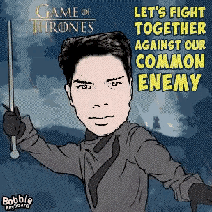 a cartoon of a man holding a sword with the words let 's fight together against our common enemy below him