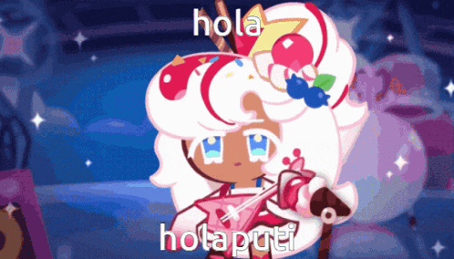a cartoon character with the word hola on the bottom right