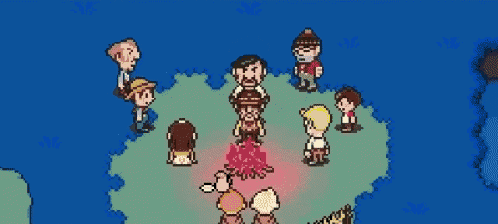 a group of people are gathered around a campfire in a pixel art game .