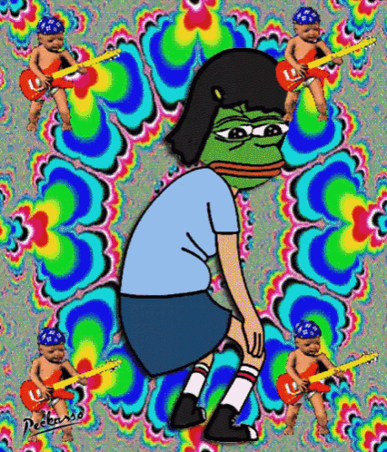 a cartoon of a boy with a frog on his head surrounded by babies holding guitars