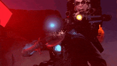 a man in a red jacket is holding a flashlight