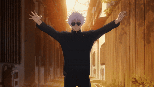 a man wearing sunglasses and a black jacket stands in a dark alleyway with his arms outstretched
