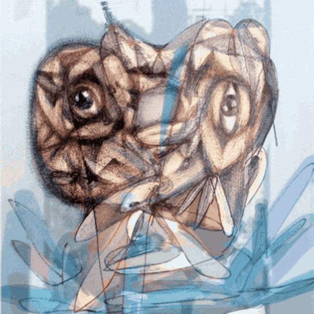 a close up of a drawing of a person 's face with a blue background