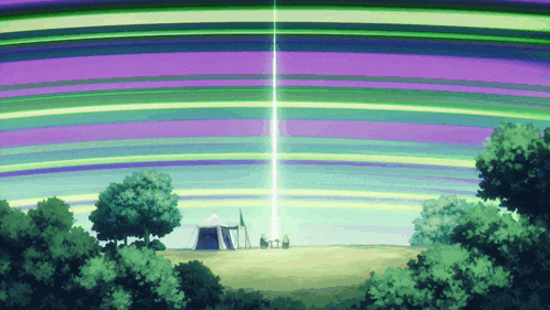 a purple and green striped background with trees and a tent