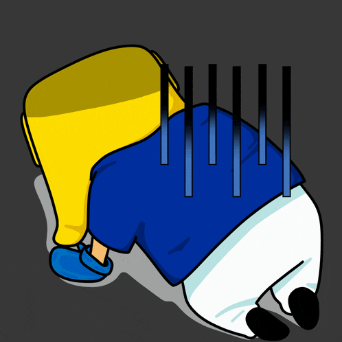 a cartoon drawing of a person with a yellow head and blue shirt