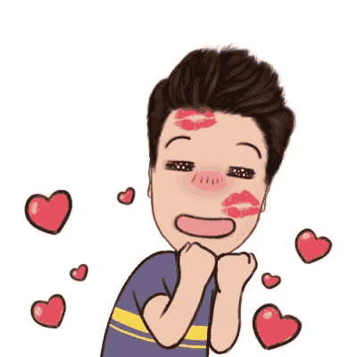a cartoon of a man with red kisses on his face and hearts around him .