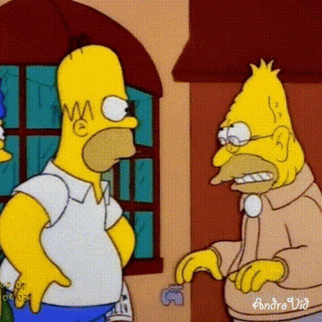 a cartoon of homer simpson standing next to an older man .