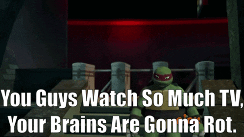a picture of a teenage mutant ninja turtle with the words " you guys watch so much tv your brains are gonna rot " below it