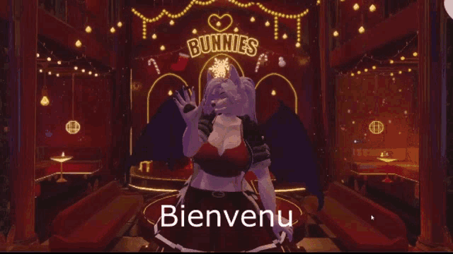 a cartoon character standing in front of a bunnies sign