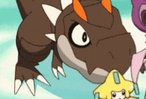 a close up of a cartoon dinosaur with a star in the background