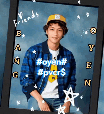 a picture of a boy in a plaid shirt and a yellow hat with #oyen # and #pvcr $