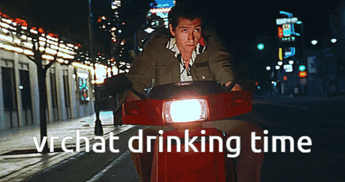 a man is riding a red scooter with the words vrchat drinking time behind him