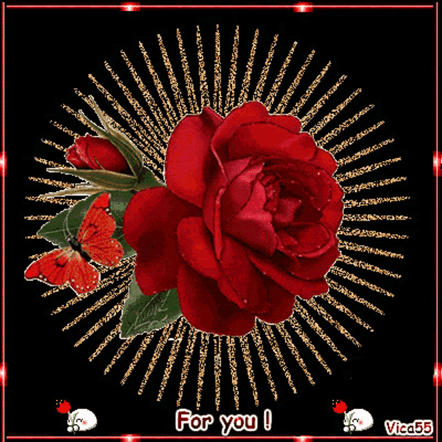 a greeting card with a red rose and butterflies and the words " for you "