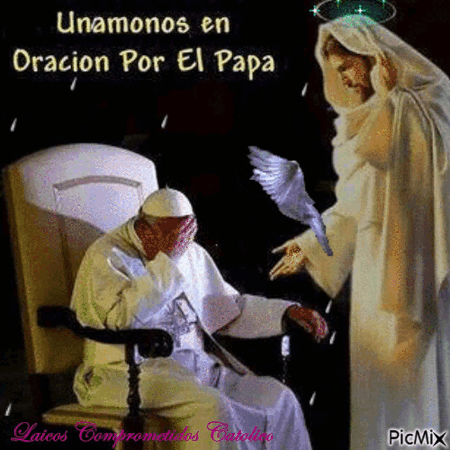a picture of a man sitting in a chair with jesus standing next to him with the words unamonos en oracion por el papa