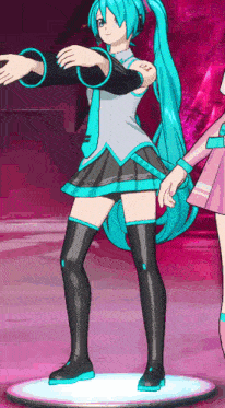 hatsune miku is standing on a pedestal with a pink background