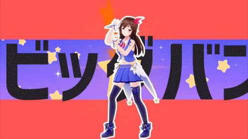 a girl in a blue dress is dancing in front of a red and yellow background