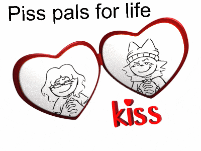 two hearts with drawings of a man and a woman and the words kiss