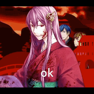 a girl with long pink hair is wearing a red kimono and says ok