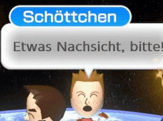 a video game character says " schottchen " in a speech bubble