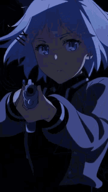 a girl with white hair and blue eyes is holding a gun .