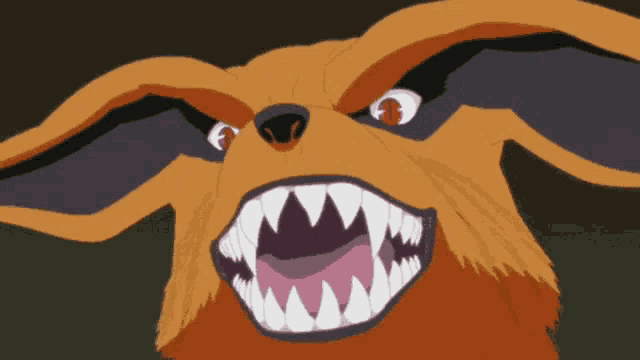 a close up of a cartoon dog 's face with its mouth open
